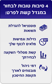 4 סיבות טובות לבחור במגדל קשת לפרט: פוטנציאל להגדלת תשואות, נזילות וגמישות מלאים לכסף שלך, קשת מסלולי השקעה לבחירתך, דמי ניהול מובטחים לאורך תקופת החיסכון